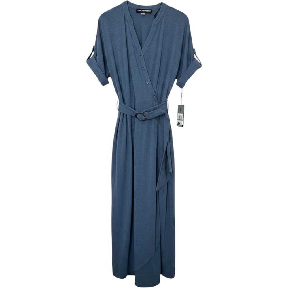 Karl Lagerfeld Paris Faux Wrap Knit Dress Indigo Blue Belted Midi XL NWT